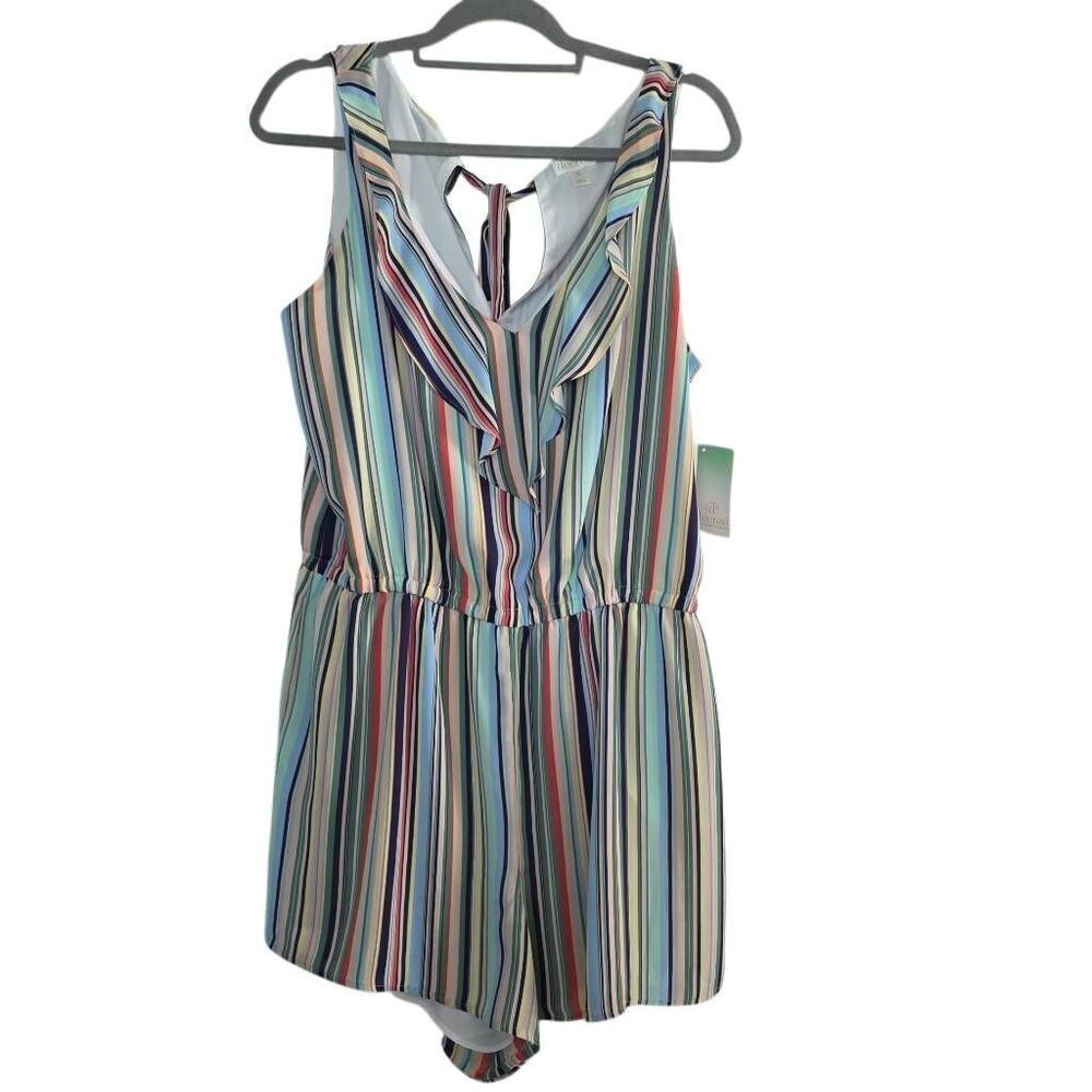 Decree Women's Size XL Multicolored Striped Ruffle Front Blouson Romper